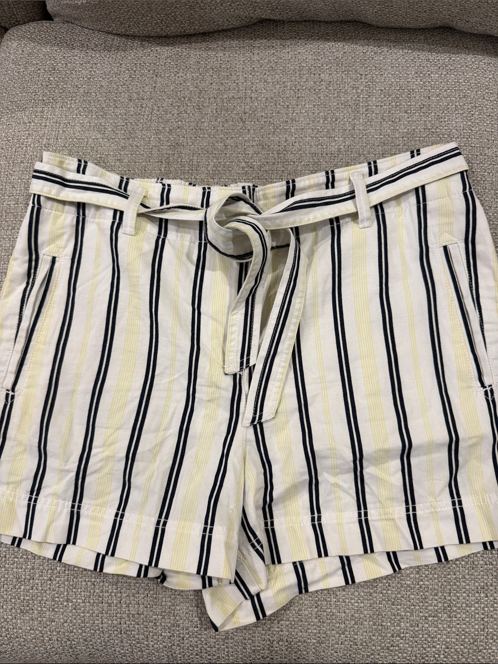 LOFT Striped Tie-Waist Bermuda Shorts — White, Navy & Pale Yellow